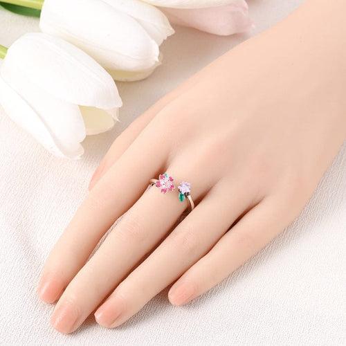 Blooming Pink Flower and Star Crystal Adjustable Ring