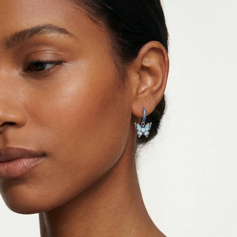 Blue Butterfly Dangle Hoop Earrings