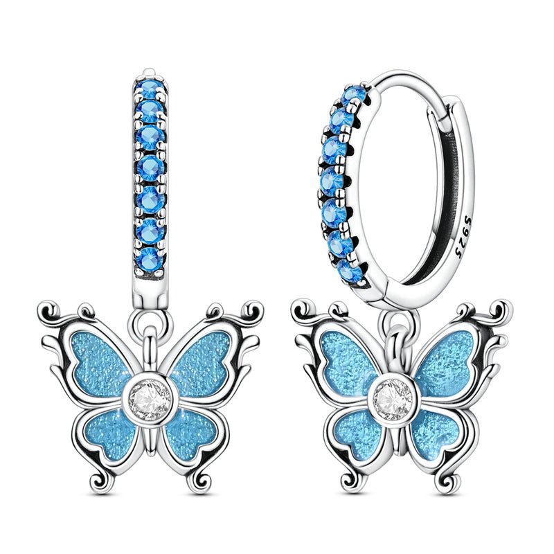 Blue Butterfly Dangle Hoop Earrings