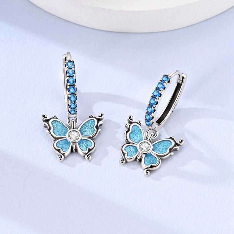 Blue Butterfly Dangle Hoop Earrings