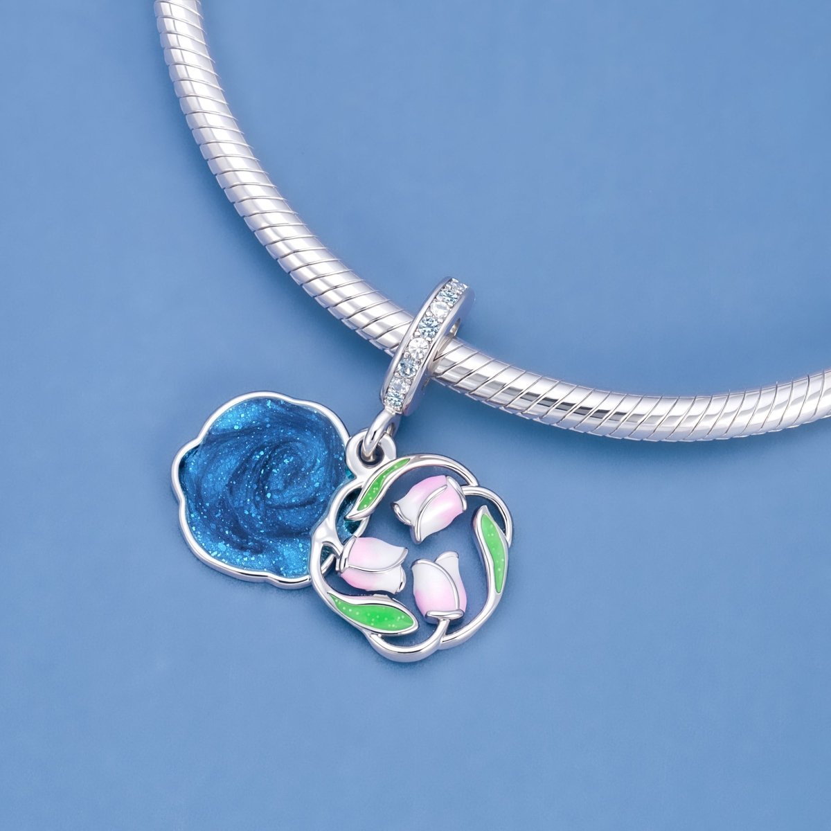 Blue Swirl & Pink Rose Dangle Charm