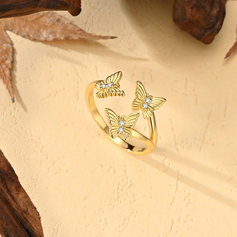 Golden Triple Butterfly Adjustable Ring