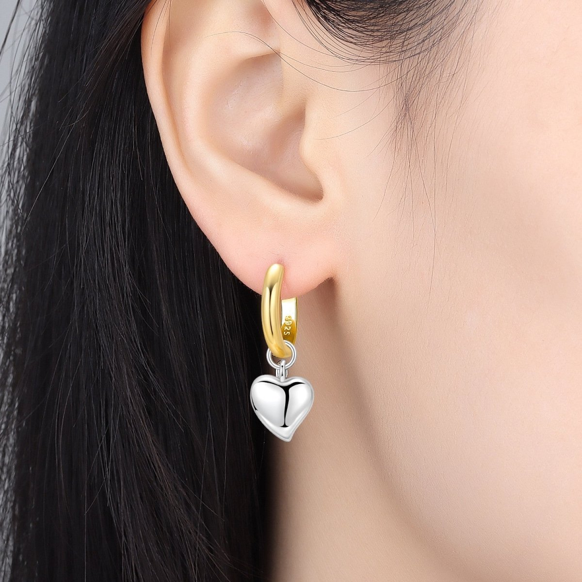 Golden Two-Tone Puffy Heart Hoop Earrings