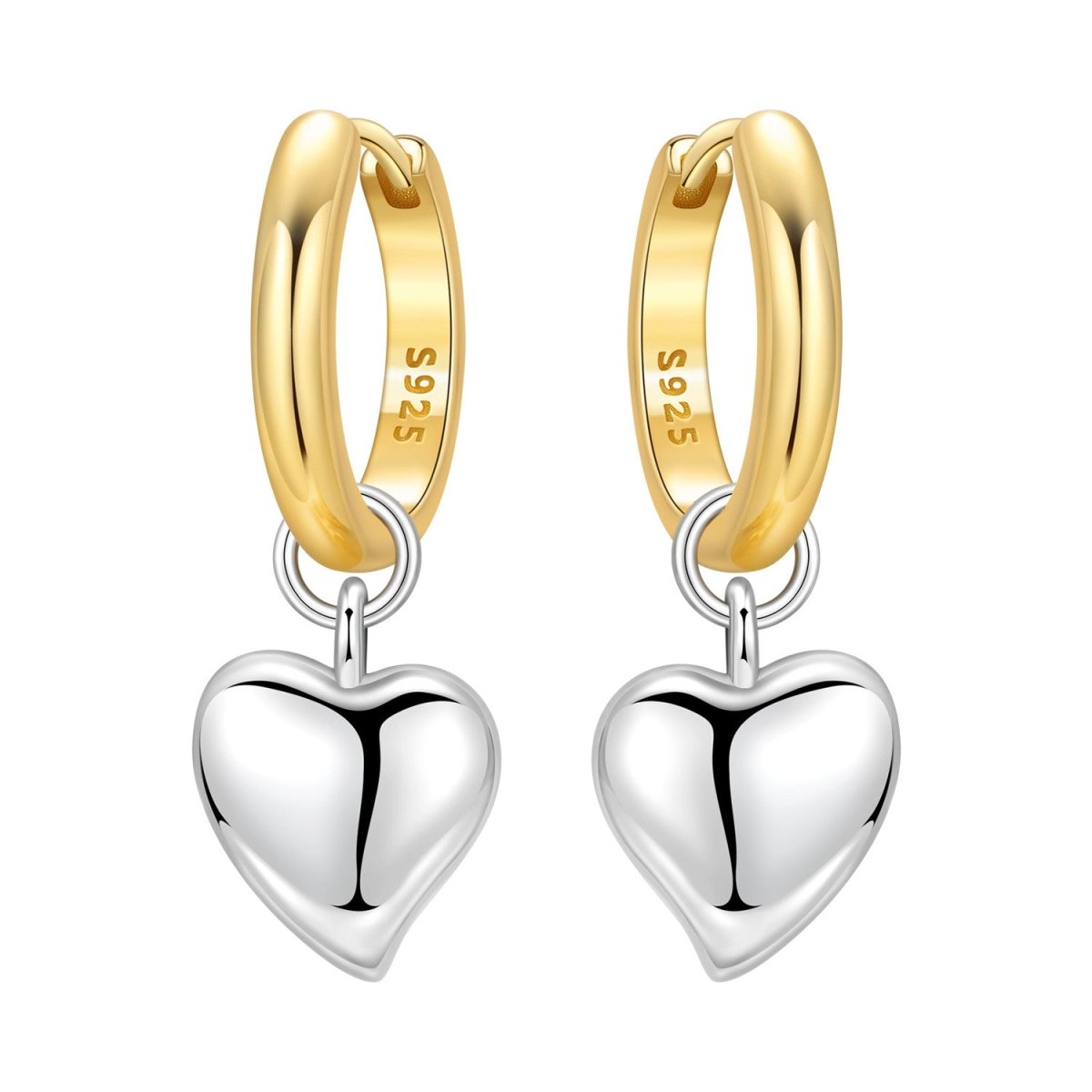 Golden Two-Tone Puffy Heart Hoop Earrings