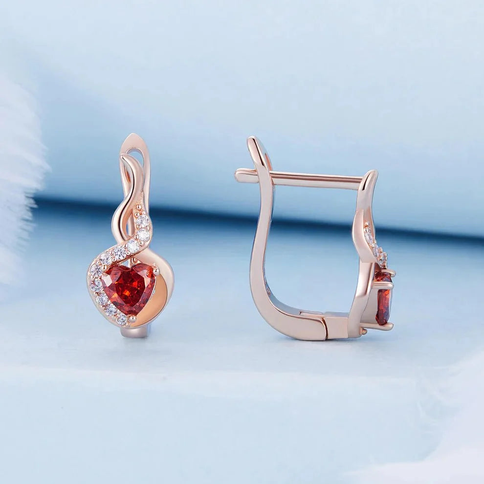 Rose Gold Flame-Heart Crystal Hoop Earrings