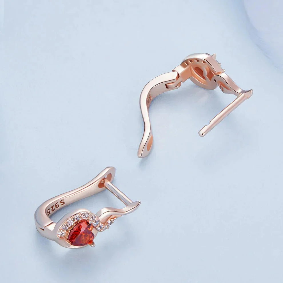 Rose Gold Flame-Heart Crystal Hoop Earrings